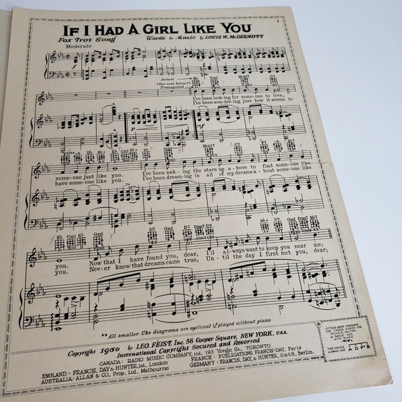 Vintage 1930 Sheet Music Rudy Vallee If I Had a Girl Like You Fox Trot Song - Picture 3 of 4